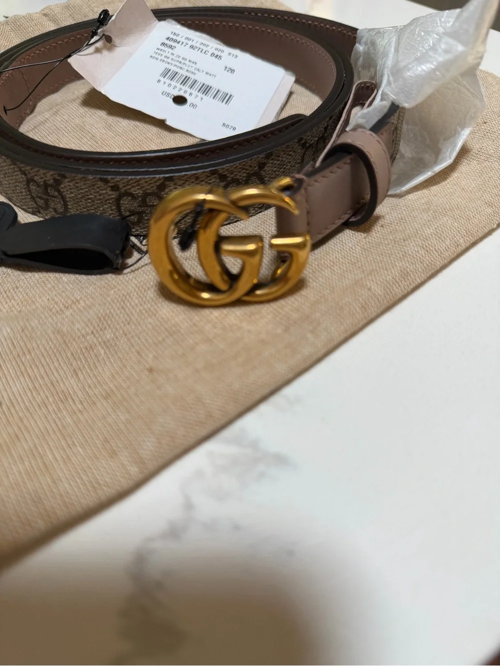 Gucci Brown GG Supreme Canvas Belt with Taupe Leather & Gold Double G Buckle